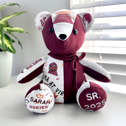Custom Memory Teddy Bear – Made from College Shirts, Jerseys, Graduation Outfits & More